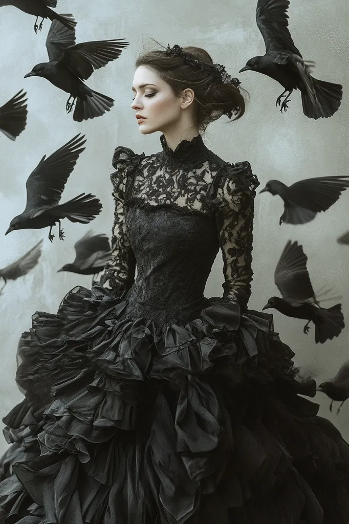 A young woman in a black lace gown stands against a muted background.  Her dress is voluminous, with layers of ruffled fabric cascading around her.  She wears a dark crown or headband and her expression is serene. Several black crows are in flight around her, creating a dramatic, almost gothic atmosphere. The overall mood is dark, mysterious, and elegant.