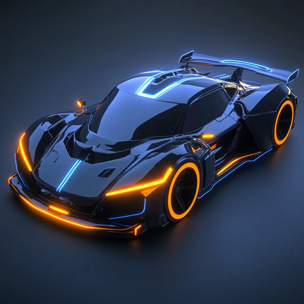 A sleek, black futuristic sports car is presented in a dramatic, low-lit setting.  Neon blue and orange accents illuminate the vehicle's sharp lines and aerodynamic design. The car features a prominent rear spoiler and distinctive wheel rims.  Its glossy finish reflects the ambient light, emphasizing its smooth, sculpted body.  The overall aesthetic suggests a high-performance, technologically advanced vehicle.