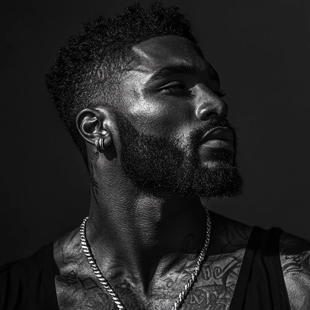Here's a description of the image:

A black and white, close-up portrait captures a dark-skinned man with a well-groomed, short, curly afro.  His face is partially illuminated, creating dramatic shadows that accentuate his strong jawline and full beard. He wears small hoop earrings and a thick, gold chain necklace.  His chest displays subtle tattoos. The overall mood is serious and intense, enhanced by the high-contrast lighting and the man's contemplative expression, his gaze directed upward and to his right. The background is dark and unfocused, drawing attention entirely to the subject.