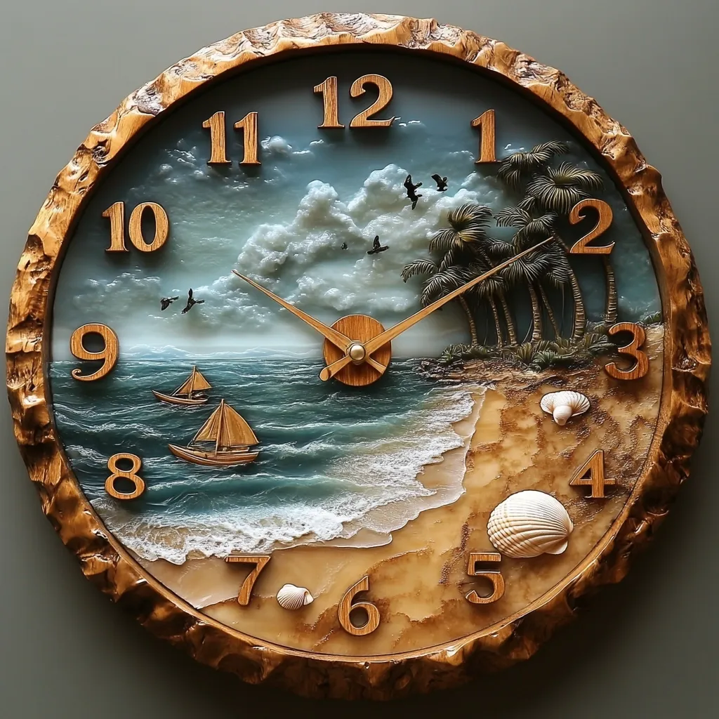 This intricately crafted clock features a stunning, three-dimensional seascape.  The clock face depicts a tranquil beach scene with palm trees, sailboats on calm waters, and gentle waves lapping the shore.  Seashells are subtly incorporated into the design. The numbers are carved into a wooden frame with a rustic, textured edge, giving the clock a unique, handcrafted appeal. The overall effect is both calming and visually striking.