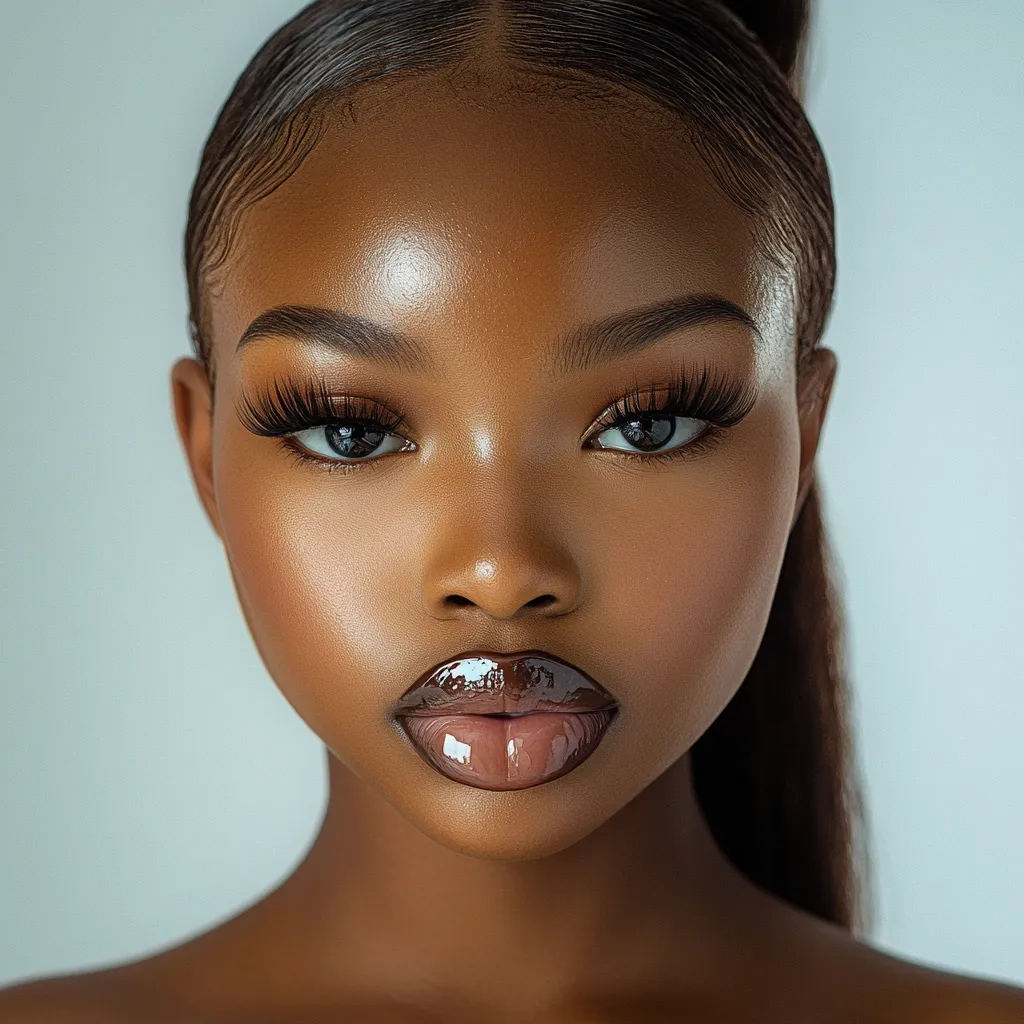 Close-up portrait of a young Black woman with a sleek, pulled-back hairstyle.  Her skin is luminous and beautifully highlighted, showcasing flawless makeup featuring defined brows, long dark lashes, and glossy dark brown lipstick.  The focus is on her face, emphasizing her striking features and the rich tones of her complexion.  The background is a soft, neutral gray.