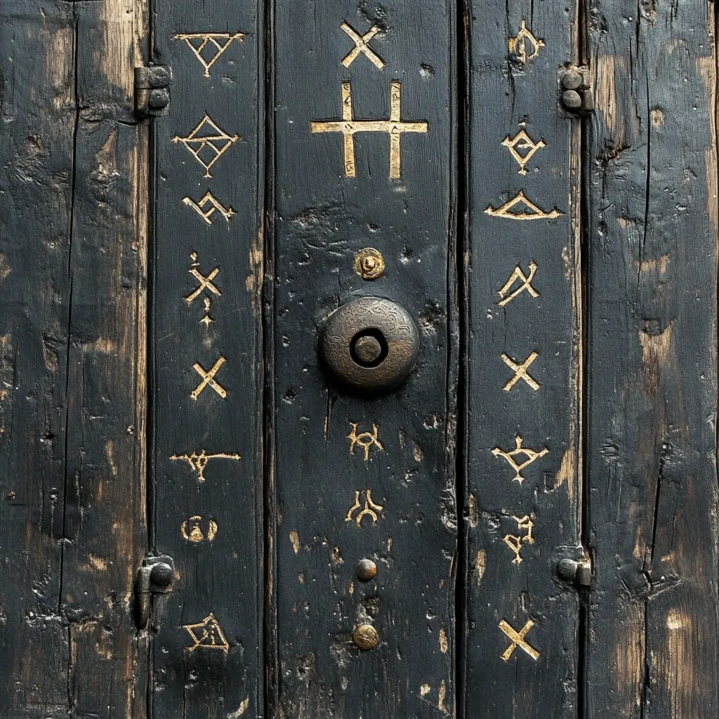 Here's a description of the image:

A close-up shot reveals a dark, weathered wooden door adorned with an array of gold-painted symbols. These markings, possibly runes or similar arcane characters, are vertically arranged in columns along the door's surface.  A circular, bronze-colored doorbell is centrally located, adding a modern element to the antique aesthetic. The wood shows signs of age and wear, adding texture and character.  Metal hinges and fasteners are visible, further enhancing the aged look of the door. The overall effect is one of mystery and antiquity.