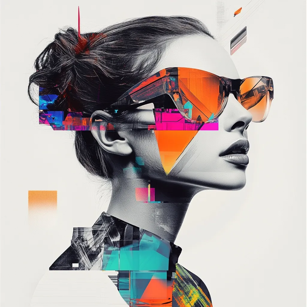 Here's a description of the image:

The artwork is a stylized portrait of a woman's profile, rendered in a vibrant mix of grayscale and bold, geometric colors.  Her hair is styled in a high bun, and she wears large, amber-tinted sunglasses.  The face is primarily grayscale, creating a striking contrast with the brightly colored, fragmented shapes overlaying and surrounding her. These abstract elements suggest a digital or technological influence, disrupting the realistic rendering of the face. The overall effect is a modern, dynamic, and visually arresting image that combines photorealistic elements with abstract expressionism.