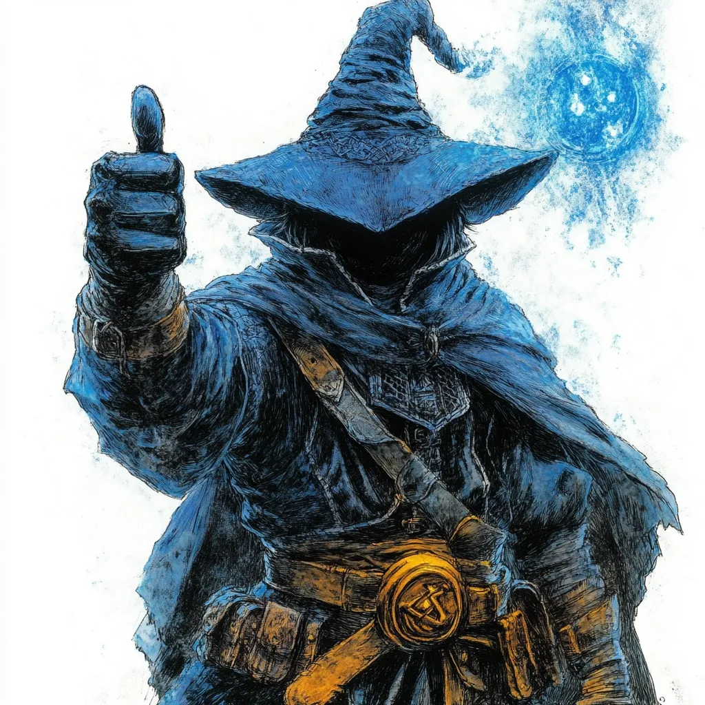 Here's a description of the image:

The illustration depicts a stylized wizard, clad in a flowing, dark blue robe and a large, pointed hat of the same hue. The wizard's face is obscured by shadow and the robe's hood.  One arm is prominently raised, giving a thumbs-up gesture, while the other hand is partially visible near their waist. The wizard wears a gold-toned belt with a circular buckle, and various pouches and straps adorn their attire. A faint, swirling blue orb of energy is visible in the background, suggesting magical ability. The overall style is dark, textured, and reminiscent of fantasy art with a gritty, slightly sketchy quality.