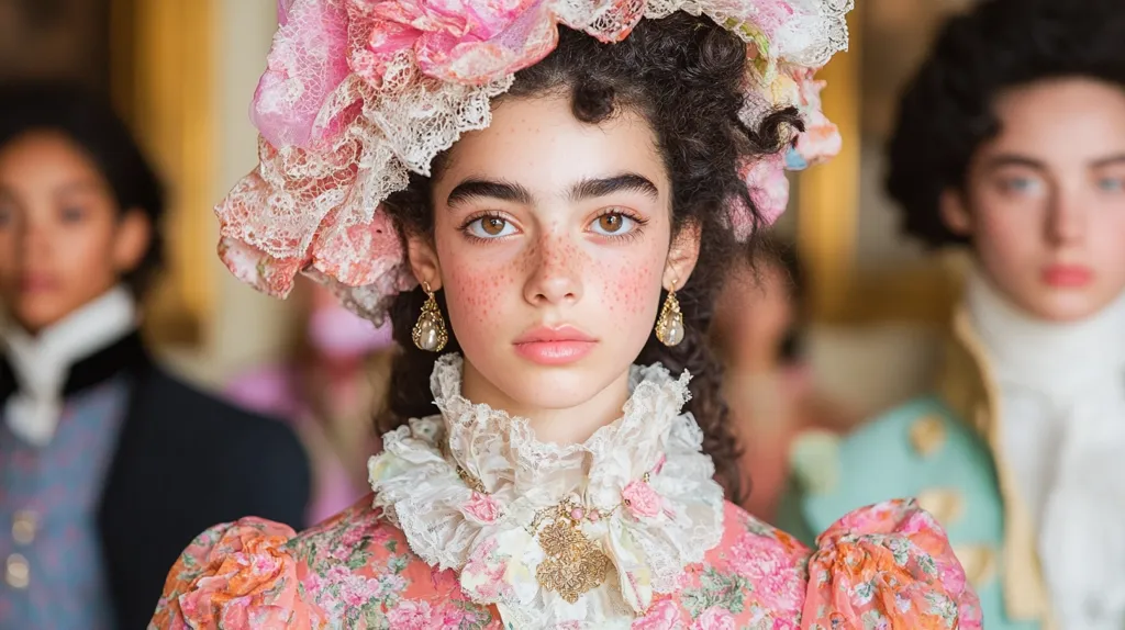 Here's a description of the image:

A young woman with dark, curly hair is the central focus, adorned in a large, ornate pink and white floral headpiece with lace detailing. She wears a delicate peach-colored dress with a floral pattern and a lace-trimmed collar. Her makeup includes subtle blush and freckles, enhancing her natural beauty. She wears pearl drop earrings. In the blurred background, two other individuals, possibly in period costume, stand slightly out of focus, suggesting a scene of a fashion shoot or historical setting. The overall aesthetic is romantic and whimsical.
