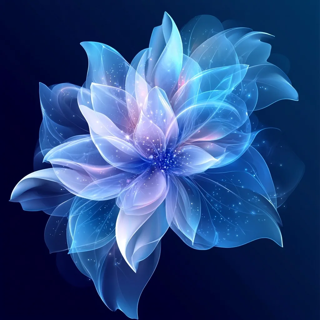 Here's a description of the image:

The image showcases a digitally created, ethereal flower rendered in shades of blue and purple.  Its petals are translucent and delicate, appearing almost luminous against a deep blue background.  Tiny sparkles of light are scattered throughout the flower, enhancing its otherworldly glow. The flower's form is complex and flowing, suggesting movement and fluidity.  The overall effect is one of magical beauty and serenity.