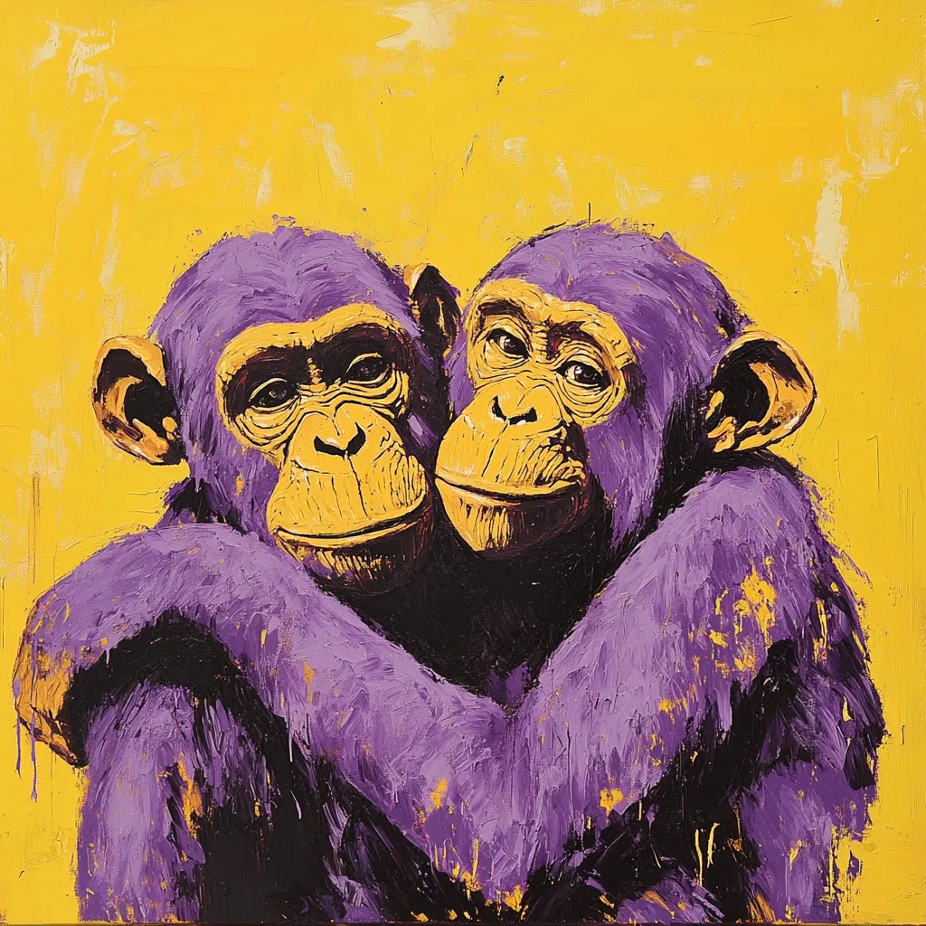 Here's a description of the image:

The painting depicts two chimpanzees embracing affectionately against a vibrant yellow background.  Rendered in a bold, impasto style, the chimps are portrayed in shades of purple, their fur textured with visible brushstrokes.  Their faces are expressive, conveying warmth and closeness. The yellow background provides a striking contrast to the purple primates, enhancing the overall vibrancy and emotional impact of the artwork. The style suggests a contemporary interpretation of animal portraiture, with a focus on color and texture.