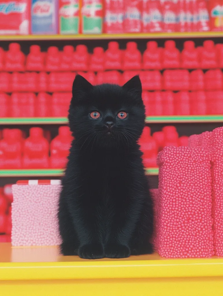 Here's a description of the image:

A black kitten sits center frame on a bright yellow counter.  It's fluffy with striking red eyes. The background is a stylized supermarket shelf filled with rows of identical bright pink bottles or containers, creating a vibrant, almost artificial, backdrop.  Two smaller pink, textured blocks flank the kitten on the counter. The overall scene is surreal and visually striking due to the contrast of the black cat and the bright, repetitive pink and yellow elements.