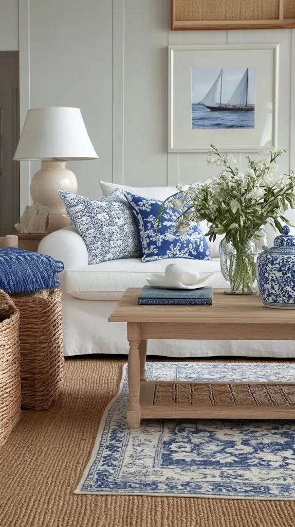 A coastal-themed living room features a white slipcovered sofa adorned with blue and white patterned pillows.  A light wood coffee table sits on a blue and white patterned rug, layered over a natural jute rug. A bouquet of white flowers in a glass vase and a blue and white porcelain jar are displayed on the coffee table.  A table lamp with a cream-colored shade adds soft light.  The walls are painted a soft gray, complemented by framed nautical artwork.  Wicker baskets complete the relaxed and stylish scene.
