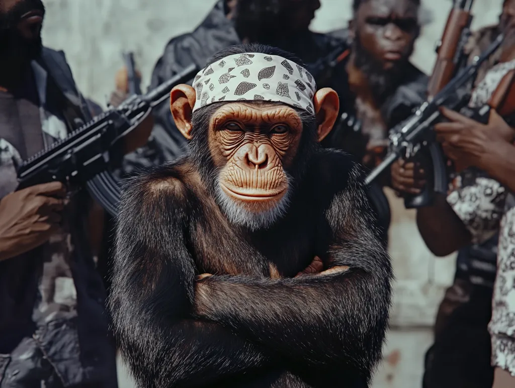 Here's a description of the image:

The photo shows a chimpanzee, wearing a bandana, standing with arms crossed in front of a group of armed men.  The men are blurred, suggesting a focus on the primate. The chimpanzee appears calm yet defiant, contrasting sharply with the menacing atmosphere created by the men and their rifles. The setting appears gritty and urban.  The overall impression is one of unsettling juxtaposition, highlighting themes of power, violence, and unexpected leadership.