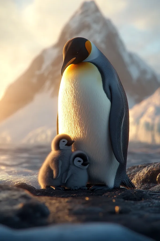 A majestic emperor penguin stands protectively over two fluffy chicks on a rocky Antarctic shore. The warm sunset casts a golden glow on the scene, highlighting the penguin's soft plumage and the chicks' downy feathers.  Mountains covered in snow form a breathtaking backdrop, emphasizing the harsh yet beautiful environment. The image evokes feelings of warmth, protection, and the resilience of Antarctic wildlife.