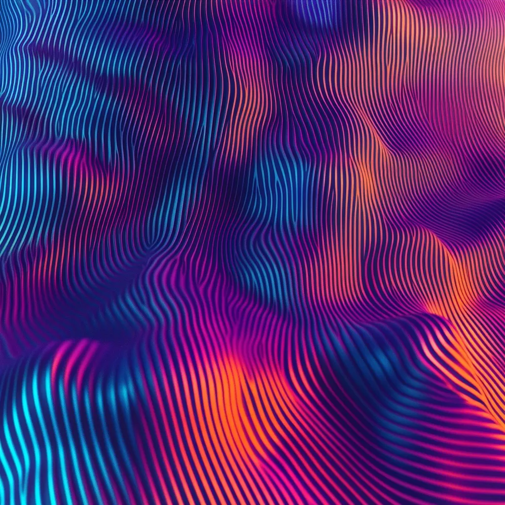 The image showcases an abstract, undulating surface composed of vibrant, parallel lines.  The lines, predominantly blue, pink, and orange, create a wave-like pattern that flows across the frame. The colors blend and shift smoothly, creating a dynamic and almost hypnotic effect. The texture appears smooth yet subtly three-dimensional, giving a sense of depth and movement. The overall impression is one of vibrant energy and visual fluidity.