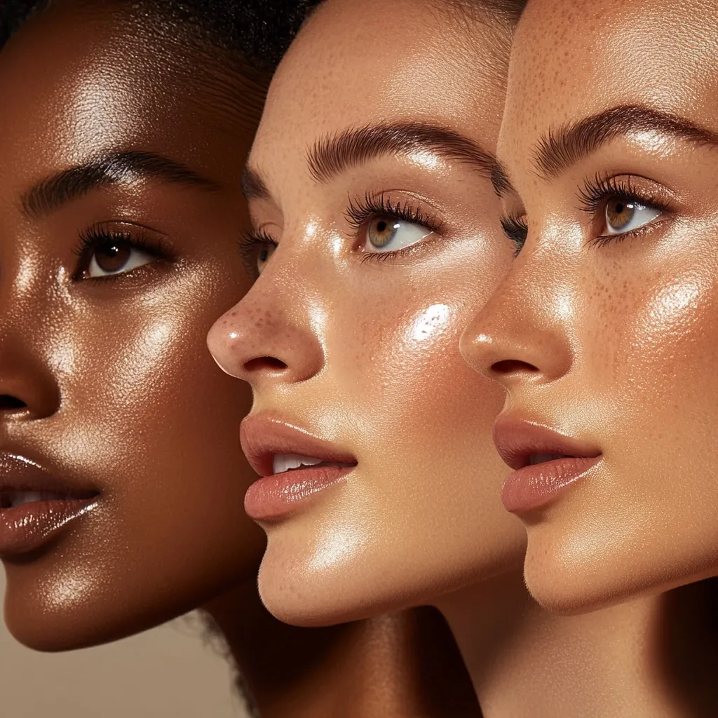 Here's a description of the image:

Close-up view of three women's faces, side-by-side, showcasing a diverse range of skin tones.  The woman on the left has rich, dark brown skin, while the other two have lighter, fairer complexions, one with subtle freckles.  All three faces are beautifully lit, highlighting a dewy, luminous complexion. The image emphasizes natural beauty and the diversity of skin tones.  Their lips are subtly made up, and their eyes are naturally accentuated. The focus is on the texture and radiance of their skin.