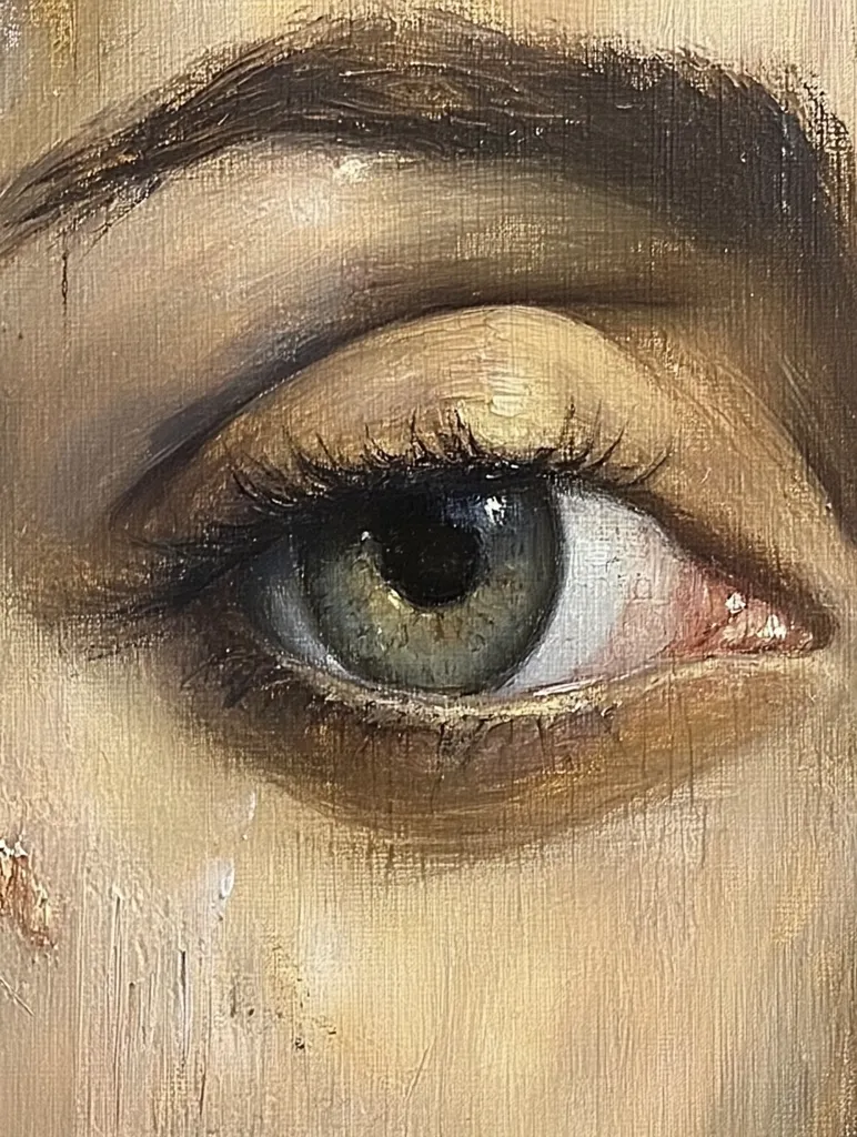Here's a description of the image:

Close-up detail of an oil painting depicting a woman's eye. The style is realistic, with visible brushstrokes adding texture and depth.  The eye is a captivating green, framed by dark, expressive eyebrows and long lashes. The skin is rendered with subtle variations in tone, showcasing delicate highlights and shadows. The overall palette is warm and earthy, with muted golds and browns dominating. The artist's skill is evident in the nuanced rendering of the eye's anatomy and the overall realistic portrayal.