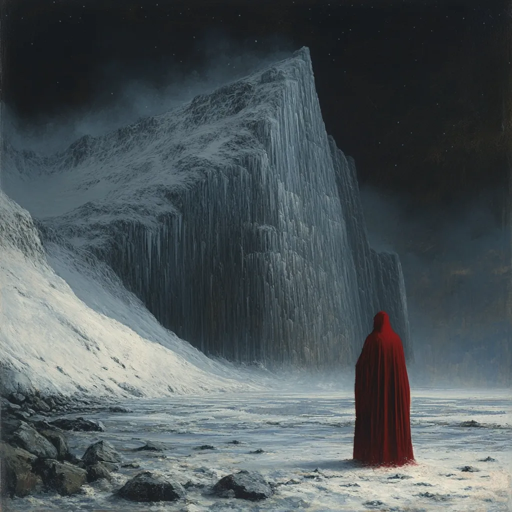 A solitary figure, cloaked in a deep red robe and hooded, stands on a snow-covered shore.  Before them rises a colossal, dark cliff face, stark and imposing, partially shrouded in mist under a night sky sprinkled with stars. The scene is bleak yet dramatic, evoking a sense of isolation and mystery.  The contrast between the vibrant red of the cloak and the cold, muted tones of the landscape emphasizes the figure's vulnerability and the overwhelming grandeur of the natural world.
