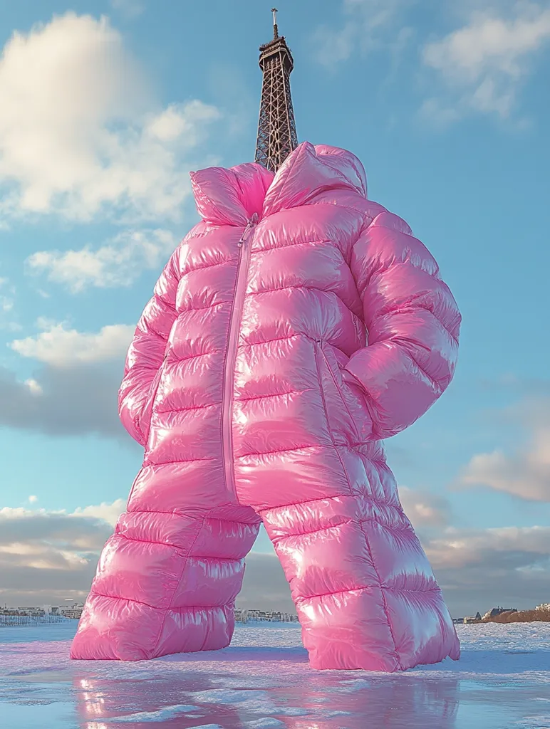 Here's a description of the image:

The image shows a giant, bright pink, shiny puffer snowsuit standing in a snowy landscape. The Eiffel Tower is visible in the background, dwarfed by the oversized garment. The snowsuit has a hooded jacket and full-length pants, appearing almost inflatable in its size and sheen. The sky is a pale blue with fluffy clouds, and a faint city skyline is visible on the horizon. The overall scene is surreal and playful, with a strong contrast between the familiar landmark and the unusual, brightly colored clothing. The snowsuit's reflection is partially visible on the icy ground.