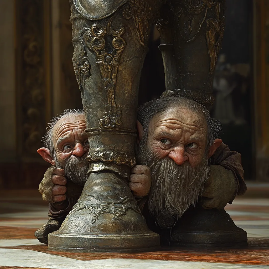 Two dwarves, weathered and wrinkled, peek out from behind a large, ornate, bronze leg of a statue.  Their expressions are a mixture of apprehension and curiosity. The statue's detail is intricate, with gold accents highlighting its aged surface. The dwarves' clothing is dark and simple, contrasting with the grandeur of their surroundings, suggesting a scene of hidden observation within a grand hall or palace.  The overall mood is mysterious and slightly unsettling.
