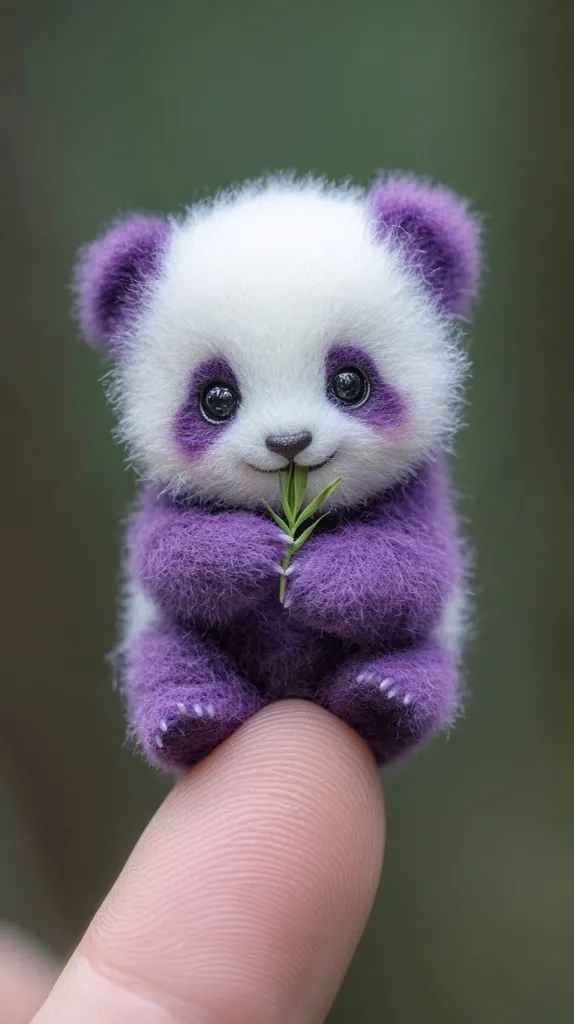 Here's a description of the image:

A tiny, adorable handmade panda sits perched on a person's finger. Its fur is predominantly white, with purple accents on its ears, paws, and around its eyes, giving it a unique and charming appearance. The panda is small enough to fit comfortably on a single fingertip.  It holds a small sprig of green leaves in its paws, adding a touch of nature to the scene. The background is blurred, focusing attention on the miniature panda. The overall impression is one of cuteness and artistic craftsmanship.