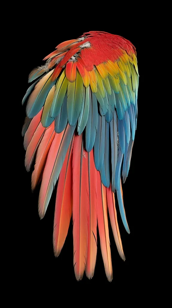 The image shows a vibrant macaw wing, isolated against a black background.  The feathers are arranged in a cascade, showcasing a spectrum of colors:  red, orange, yellow, green, and blue. The individual feathers are finely detailed, displaying subtle variations in shade and texture. The overall effect is one of striking beauty and intricate natural design.  The wing is viewed from the side, showcasing its full length and depth.