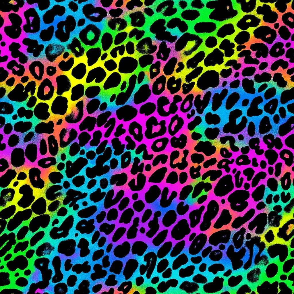 The image shows a vibrant, psychedelic leopard print.  Black leopard spots are scattered across a background of swirling, neon colors, including pink, purple, blue, green, and yellow.  The colors blend seamlessly, creating a dynamic and energetic effect. The overall style is reminiscent of 1980s or 90s fashion trends, with a bold and playful aesthetic. The print is highly saturated and seemingly textured, giving it a slightly grainy appearance.