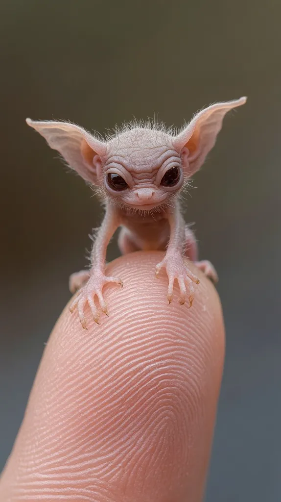 Here's a description of the image:

Close-up view of a tiny, hairless creature resembling a miniature gremlin or elf perched atop a human fingertip.  Its skin is pale pink, almost translucent, and its large, dark eyes give it a surprisingly intense expression.  The creature has large, pointed ears and small, clawed hands and feet. Its overall appearance is both cute and slightly unsettling due to its unusual features and miniature size.  The background is blurred, drawing focus to the creature on the finger.