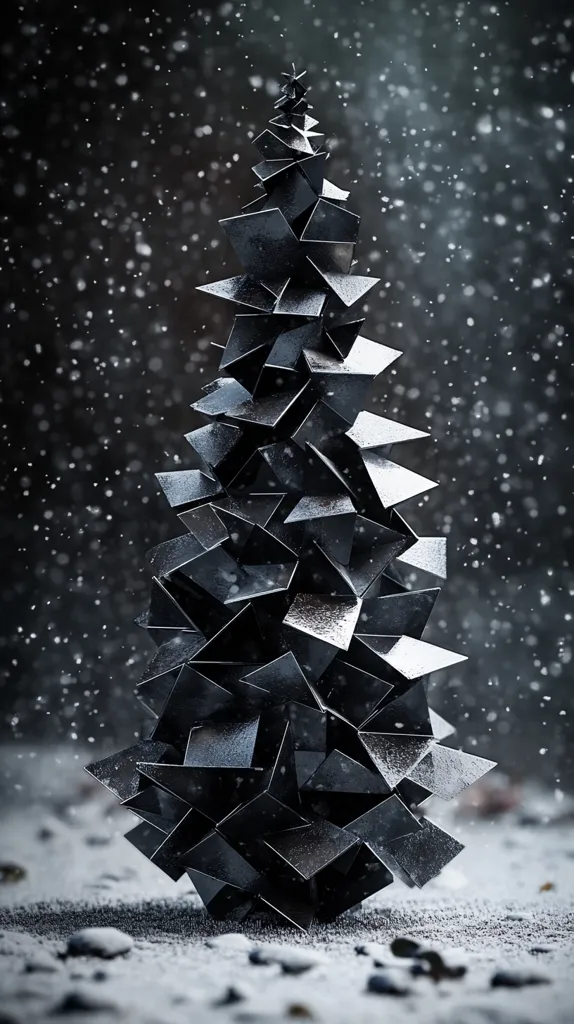 A dark, metallic, geometric Christmas tree stands in a snowy landscape.  The tree is composed of numerous dark, angular shapes, creating a modern and abstract design.  Snow gently falls around it, contrasting with the tree's sharp edges and reflecting light on its glossy surface. The background is blurred, drawing focus to the unique and stylized tree.  The overall atmosphere is moody and artistic.