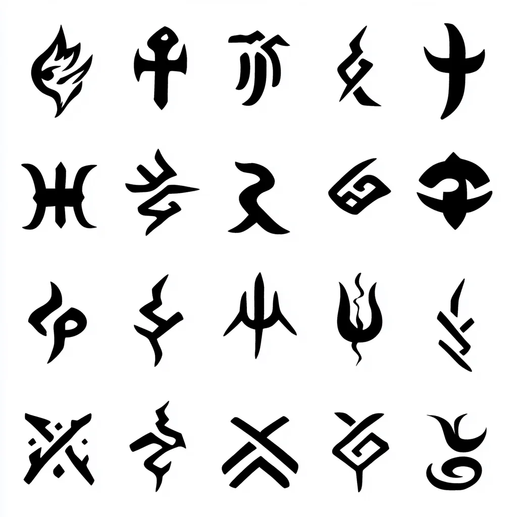 The image displays twenty stylized, abstract symbols arranged in a grid.  Each symbol is rendered in bold, black, and features sharp, angular lines and curves. They are reminiscent of ancient runes or fictional glyphs, suggestive of a language or code. The symbols vary in complexity, some simple and others more intricate, but all share a consistent, dark aesthetic against a white background.  The overall impression is one of mystery and potential hidden meaning.