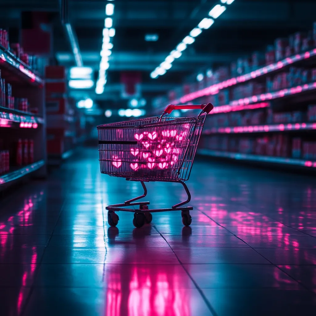 Here's a description of the image:

An empty shopping cart sits in the middle of a dimly lit supermarket aisle.  The cart is illuminated from within, displaying numerous glowing pink hearts. The neon-like lighting casts a vibrant pink and blue glow across the reflective floor, creating a surreal and almost romantic atmosphere.  The shelves on either side are blurred, suggesting depth and the vastness of the store. The overall scene is visually striking, combining elements of everyday life with a fantastical, dreamlike quality.