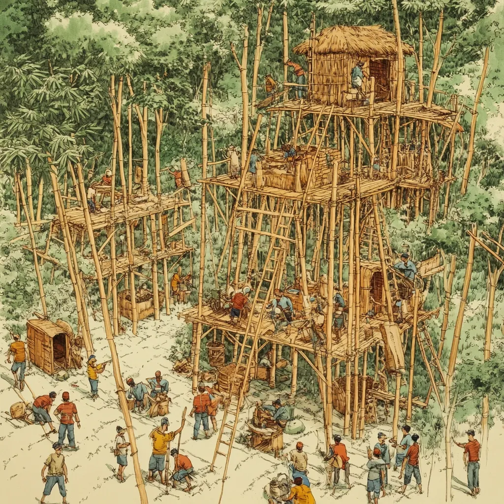 Here's a description of the image:

The illustration depicts a bustling scene of a community constructing a large, multi-level bamboo structure within a dense bamboo forest.  Numerous figures, uniformly dressed in simple clothing, are actively involved in various aspects of the construction.  Ladders, scaffolding, and tools are visible, indicating a collaborative effort.  Smaller, individual bamboo platforms are scattered around, possibly serving as work areas or storage. The central structure is a complex network of interconnected platforms and levels, suggestive of a large communal dwelling or workshop. The overall style is detailed and realistic, capturing the energy of a collective building project in a natural environment.