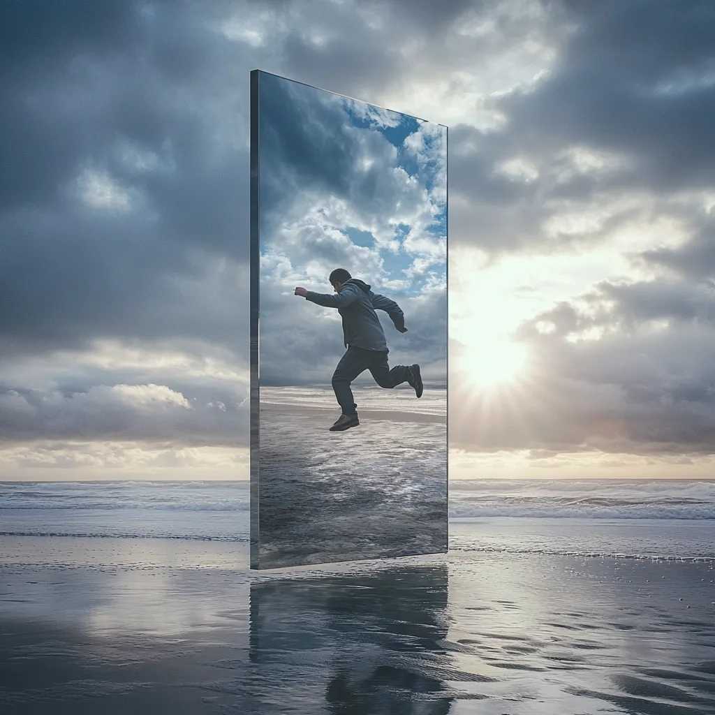 Here's a description of the image:

A surreal image depicts a man in mid-leap, seemingly jumping through a large, vertical, mirrored pane.  The mirror reflects a serene beach scene with a partly cloudy sky and a setting sun. The man's silhouette is dark against the bright reflection, creating a stark contrast. The beach is wet, reflecting the sky and the mirrored panel, which appears to float just above the water's edge. The overall mood is contemplative and suggestive of transition or escape. The image feels dreamlike and evokes a sense of mystery.