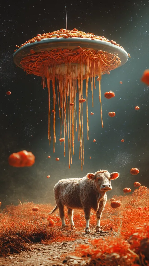 A surreal digital artwork depicts a flying saucer brimming with spaghetti and meatballs hovering over a field.  Long strands of spaghetti hang down from the saucer, like dripping strands of viscous sauce, amidst falling meatballs.  A lone, light-colored cow stands calmly in the reddish-orange field below, seemingly unfazed by the bizarre spectacle overhead. The background is a dark, starry expanse. The scene is whimsical and dreamlike, blending the ordinary with the fantastical.