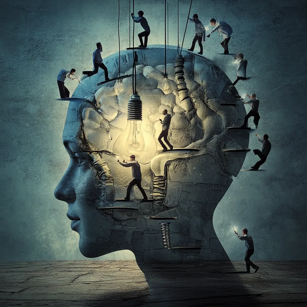 The artwork depicts a colossal head profile, its interior resembling a fractured stone brain.  Numerous figures work diligently within this brain, constructing and illuminating a large light bulb at its center.  The scene suggests collaborative effort, problem-solving, and the genesis of an idea.  The style is surreal and slightly dark, highlighting the intricate process of creative thinking.  A solitary figure observes the scene from a distance, emphasizing the idea's potential impact.