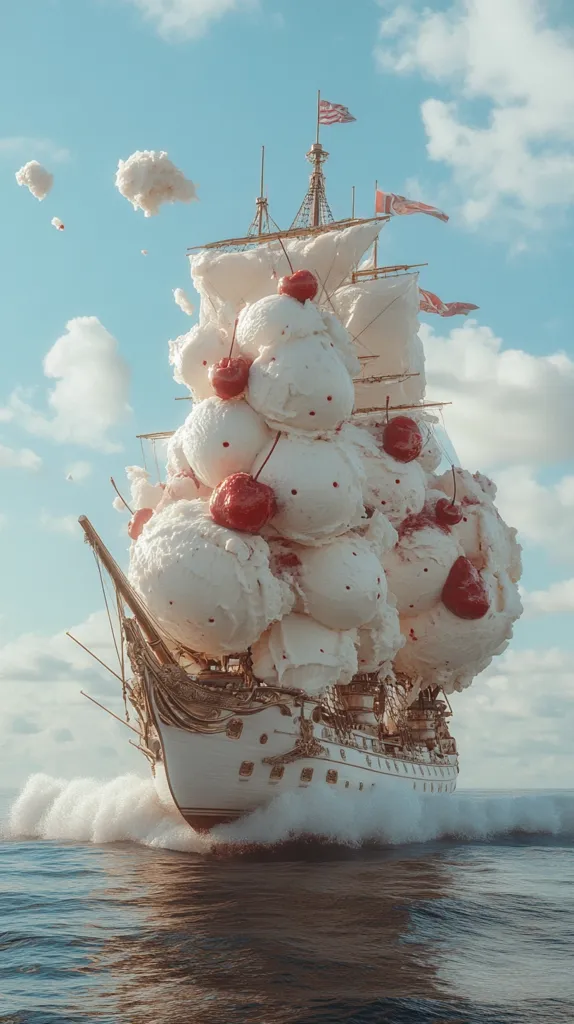 Here's a description of the image:

A whimsical image depicts a majestic sailing ship transformed into a colossal ice cream sundae.  The ship's hull is formed from mounds of creamy white ice cream, adorned with glistening red cherries.  Small clouds drift in a pale blue sky above the vessel, which cuts through ocean waves, creating a surreal and dreamy atmosphere. The scene blends elements of fantasy and reality, creating a captivating juxtaposition of a classic ship with a sweet confection.  The overall effect is light, airy, and enchanting.
