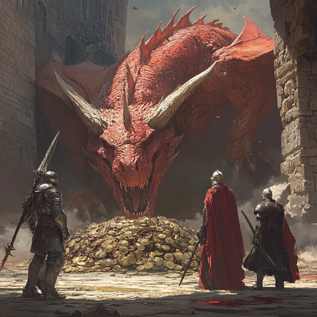 Here is a description of the image:

The artwork depicts a colossal red dragon, its scales shimmering, looming over three knights within a stone archway.  A massive pile of gold coins sits between the dragon and the knights, suggesting a transaction or tribute. The knights, clad in dark and red medieval armor, stand before the beast, appearing wary but resolute. The scene is dramatic, with a moody light and shadow contrast enhancing the epic scale of the dragon and the tense standoff between it and the armored figures. Blood stains the ground, hinting at prior conflict.  The overall style is reminiscent of fantasy art, possibly inspired by classic dragon lore or video games.