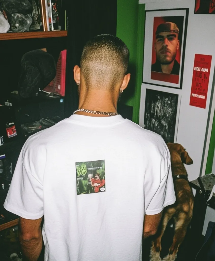 Here's a description of the image:

The photo is a medium shot of a person from behind, wearing a white t-shirt with a small, square graphic on the back. The graphic appears to be a piece of artwork or album cover featuring a cartoonish figure. The person has short, dark hair and is wearing a thin gold chain. They are standing in a room with green walls, bookshelves filled with various items, and several framed posters on the wall. A dog is visible in the bottom right corner. The overall aesthetic is reminiscent of a casual, somewhat grunge style. The image appears to be taken with a film camera.