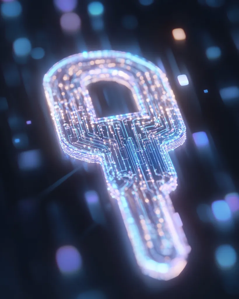Here's a description of the image:

The image is a stylized digital rendering of a key, glowing with a bright, cool-toned light, possibly blue and white. The key's design incorporates circuit board-like patterns, suggesting a technological or digital security context. The background is a dark, blurred backdrop with bokeh effects, implying a digital space or network.  The key appears three-dimensional, with a sense of depth created by the light and the intricate details of its construction. The overall effect is one of futuristic technology and data security.