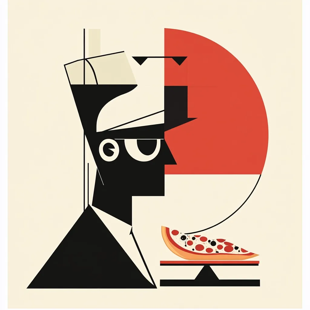 The image is a stylized illustration in a geometric, art deco style. It depicts a man in profile, wearing a cap suggestive of a captain or conductor.  His face is stark black and white, contrasted by a bold red circular shape behind him.  A slice of pizza rests on a scale, seemingly balanced against the man's presence. The overall effect is graphic and somewhat surreal, blending elements of portraiture with abstract shapes and a whimsical juxtaposition of a person and pizza. The color palette is limited, enhancing the sharp lines and geometric forms.
