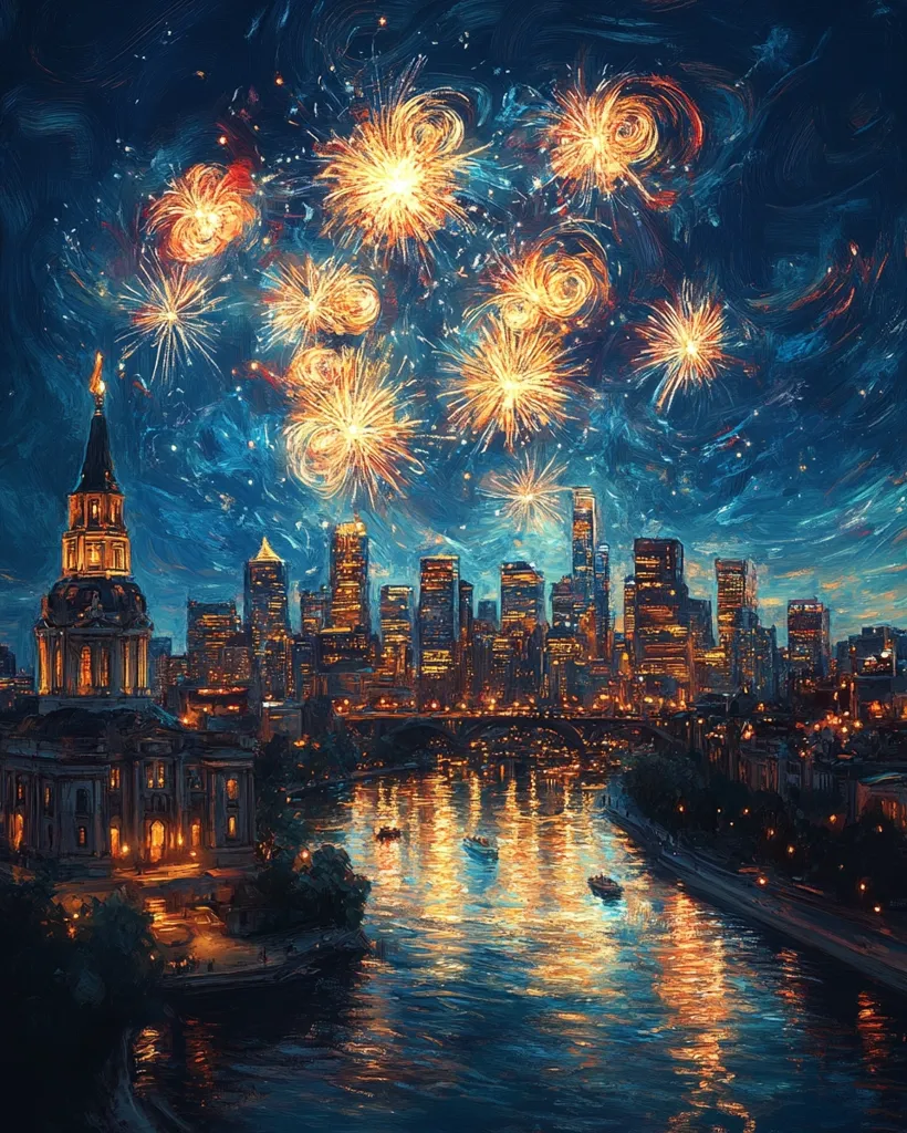 A vibrant cityscape at night is illuminated by a dazzling fireworks display, rendered in a style reminiscent of Van Gogh's impasto technique.  Golden bursts of light explode across a swirling, dark blue sky above a city skyline reflected in a calm river.  A historic building, possibly a church, stands prominently in the foreground, while city lights twinkle along the riverbank.  Boats gently glide on the water, adding a tranquil element to the celebratory scene. The overall effect is one of vibrant energy and peaceful beauty.