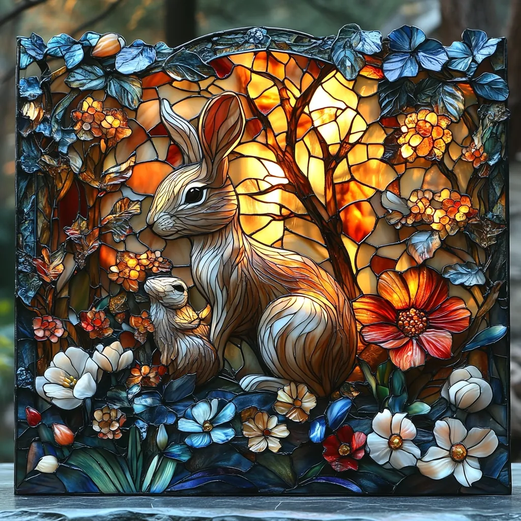 Here's a description of the image:

A stunning stained-glass artwork depicts a serene scene of a large rabbit and its smaller counterpart nestled amidst a vibrant garden.  Warm, amber hues illuminate the rabbits, contrasting beautifully against the cool blues and greens of the foliage.  Intricate details are visible in the texture of the rabbits' fur and the delicate petals of the surrounding flowers. The background features a stylized tree, creating a sense of depth and tranquility. The overall effect is one of peaceful natural beauty, captured in exquisite detail through the artistry of stained glass.
