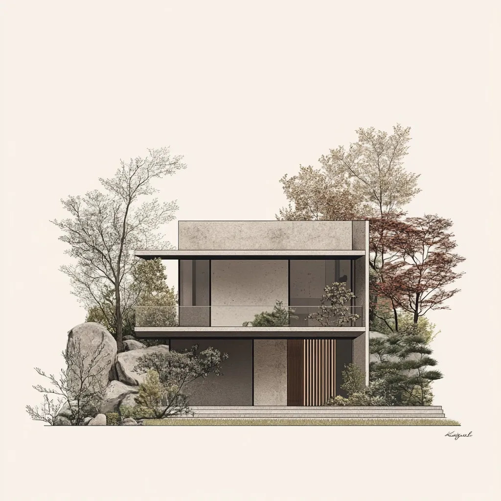 The illustration depicts a minimalist two-story house rendered in muted tones.  The building is concrete, featuring clean lines and large windows.  A balcony spans the second floor, overlooking a landscaped front yard.  The yard is sparsely decorated with rocks, shrubs, and several deciduous trees in various shades of brown and green, suggesting a tranquil, possibly Japanese-inspired aesthetic. The overall style is serene and modern.