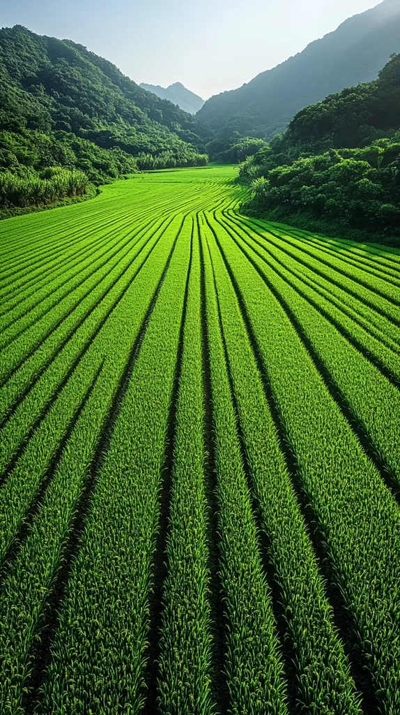 Here's a description of the image:

The photograph showcases a vibrant, verdant rice paddy stretching from the foreground to the distant, rolling hills.  Parallel rows of rice plants create a striking pattern, leading the eye towards a valley nestled between lush, green mountains under a clear, bright sky. The scene evokes a sense of tranquility and the beauty of agricultural landscapes. The contrast between the meticulously cultivated field and the natural, untamed hills creates a visually captivating image.