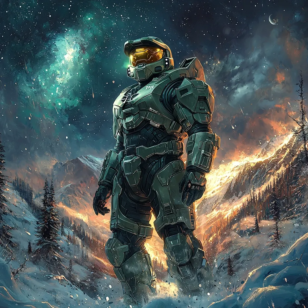 A Master Chief Spartan, in iconic green MJOLNIR armor, stands amidst a breathtaking, wintry landscape.  A fiery mountain range blazes behind him, contrasting with the snow-covered ground and dark evergreen trees.  The night sky above is filled with stars and a nebula, creating a dramatic and atmospheric scene.  The overall impression is one of epic scale and solitary heroism, suggestive of a science fiction battle or adventure.
