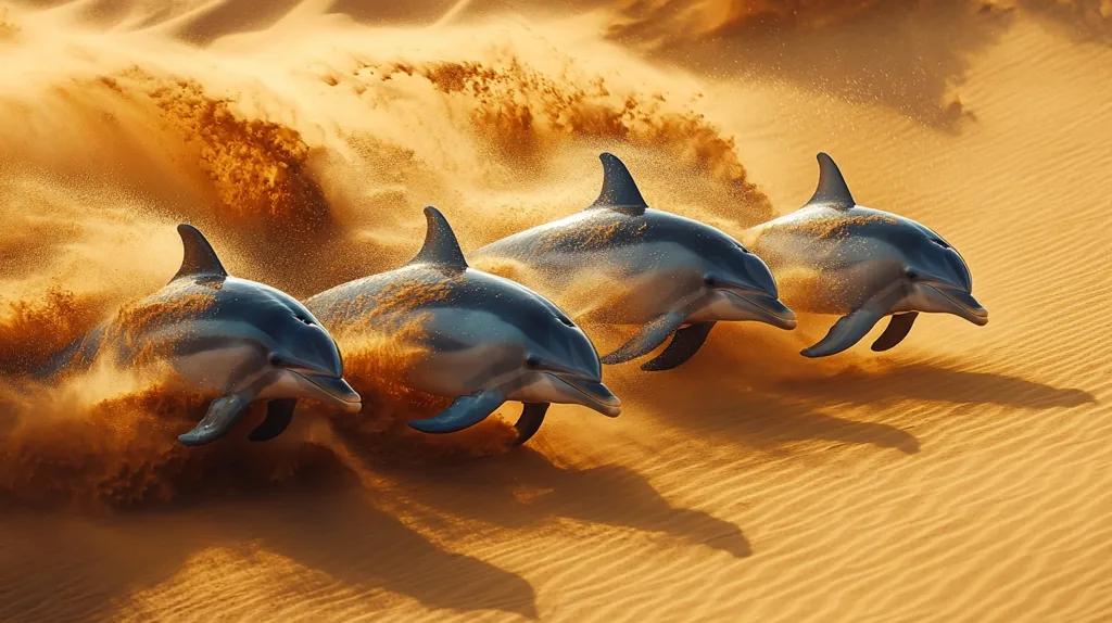 Three dolphins race across a sandy landscape, their sleek bodies partially obscured by a wave of golden dust.  The dolphins, appearing streamlined and powerful, leap through the sand, creating a dynamic, surreal scene.  The warm, golden light suggests either sunrise or sunset, casting long shadows on the textured sand. The image is striking due to the unexpected juxtaposition of marine mammals and a desert environment.