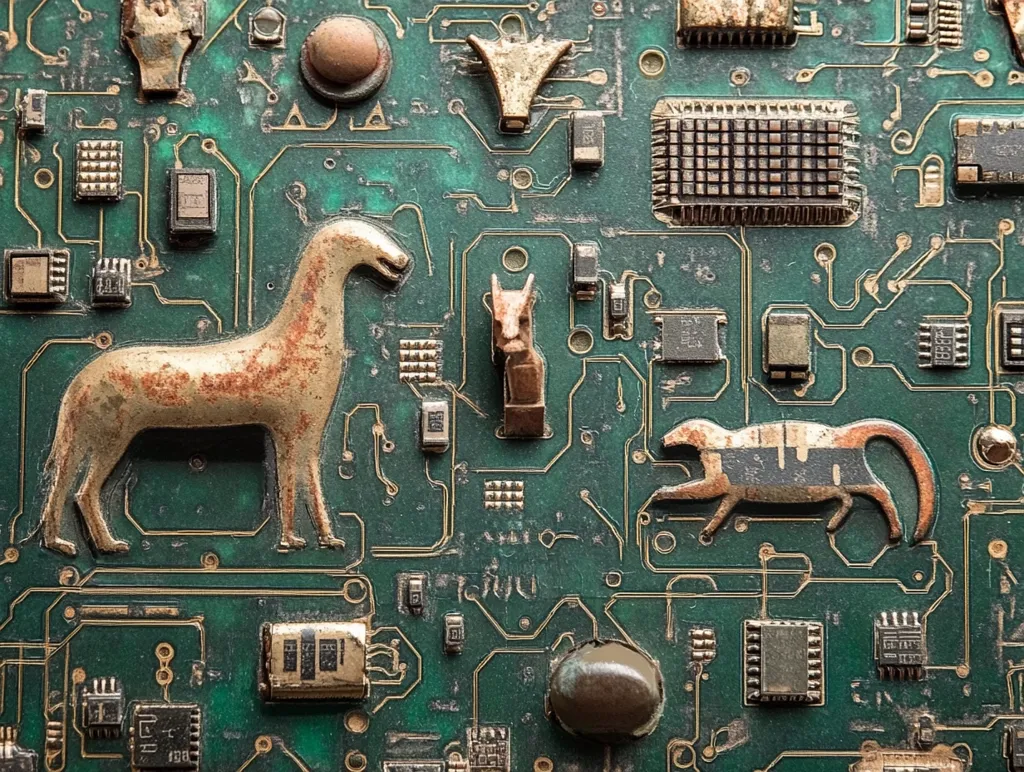 Here's a description of the image:

The image shows a close-up view of a circuit board densely populated with electronic components.  Small, weathered metal figurines of a horse, a smaller quadruped, and a stylized animal resembling a canine or feline are affixed to the board, interspersed among the integrated circuits, resistors, and other electronic elements. The circuit board is a dark teal green, with traces of dirt or oxidation adding texture. The overall impression is one of artful juxtaposition, blending technology with archaic or antique-looking figurines.