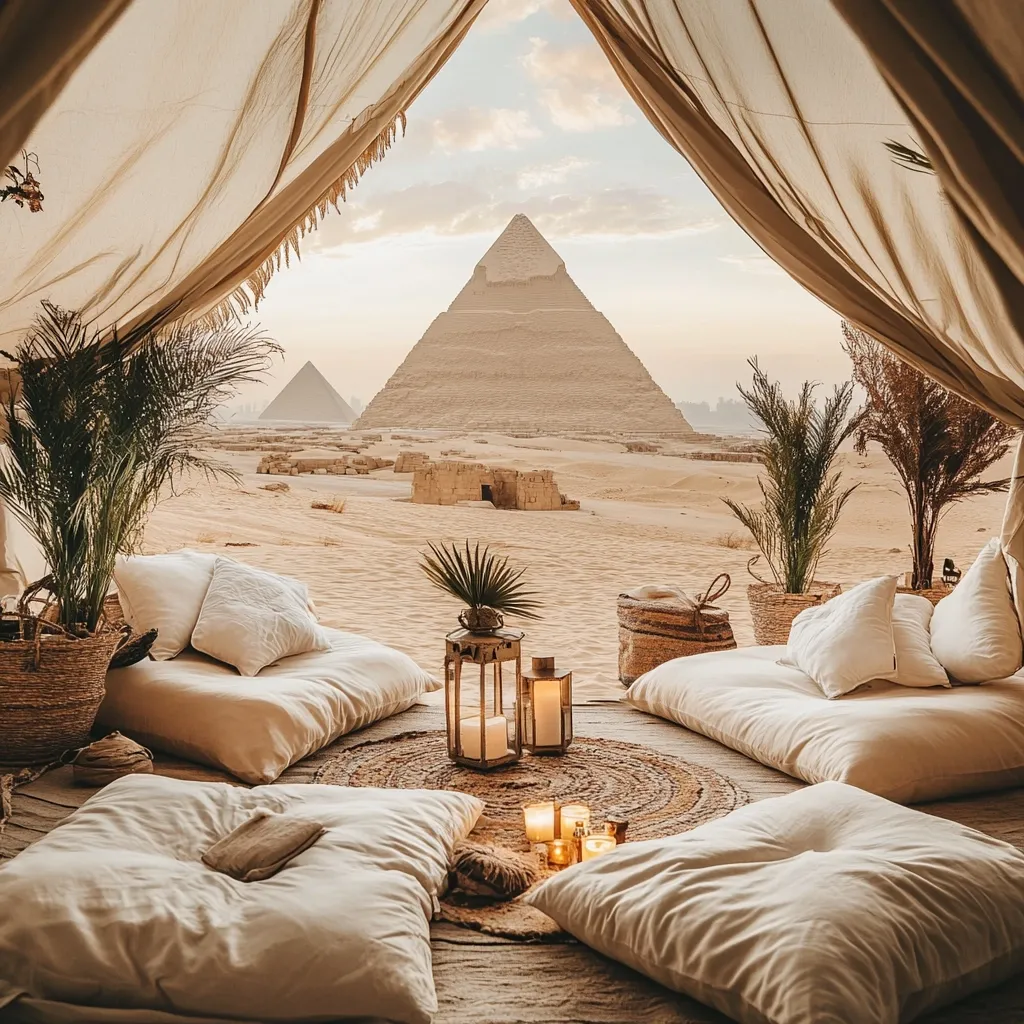 Here's a description of the image:

The photo shows a luxurious desert glamping scene.  A beige canvas tent is partially open, revealing a breathtaking view of the Giza pyramids at sunset.  Inside, the tent is furnished with plush, off-white floor cushions arranged around a circular rug.  Ornate lanterns and candles provide soft lighting, while potted palm plants add a touch of greenery. The overall aesthetic is serene, minimalist, and evokes a sense of opulence and tranquility in a stunning natural setting.