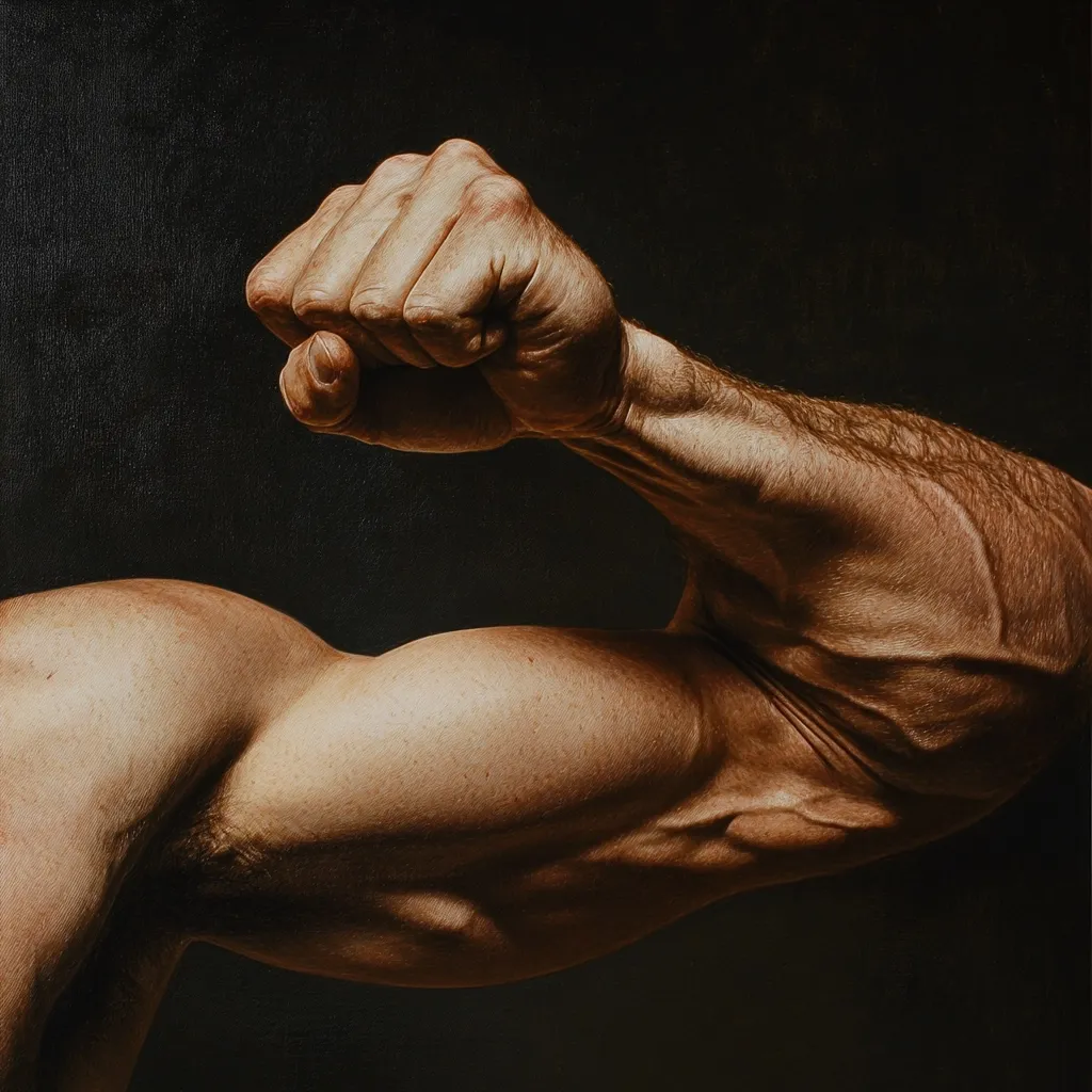Close-up view of a hyperrealistic painting depicting a powerful male arm flexed, showcasing defined muscles and prominent veins. The hand is clenched into a fist.  The arm is positioned diagonally across the canvas against a dark background, highlighting the texture and detail of the skin and musculature. The style evokes classical anatomical studies with a modern, painterly approach. The lighting emphasizes the form and three-dimensionality of the arm.