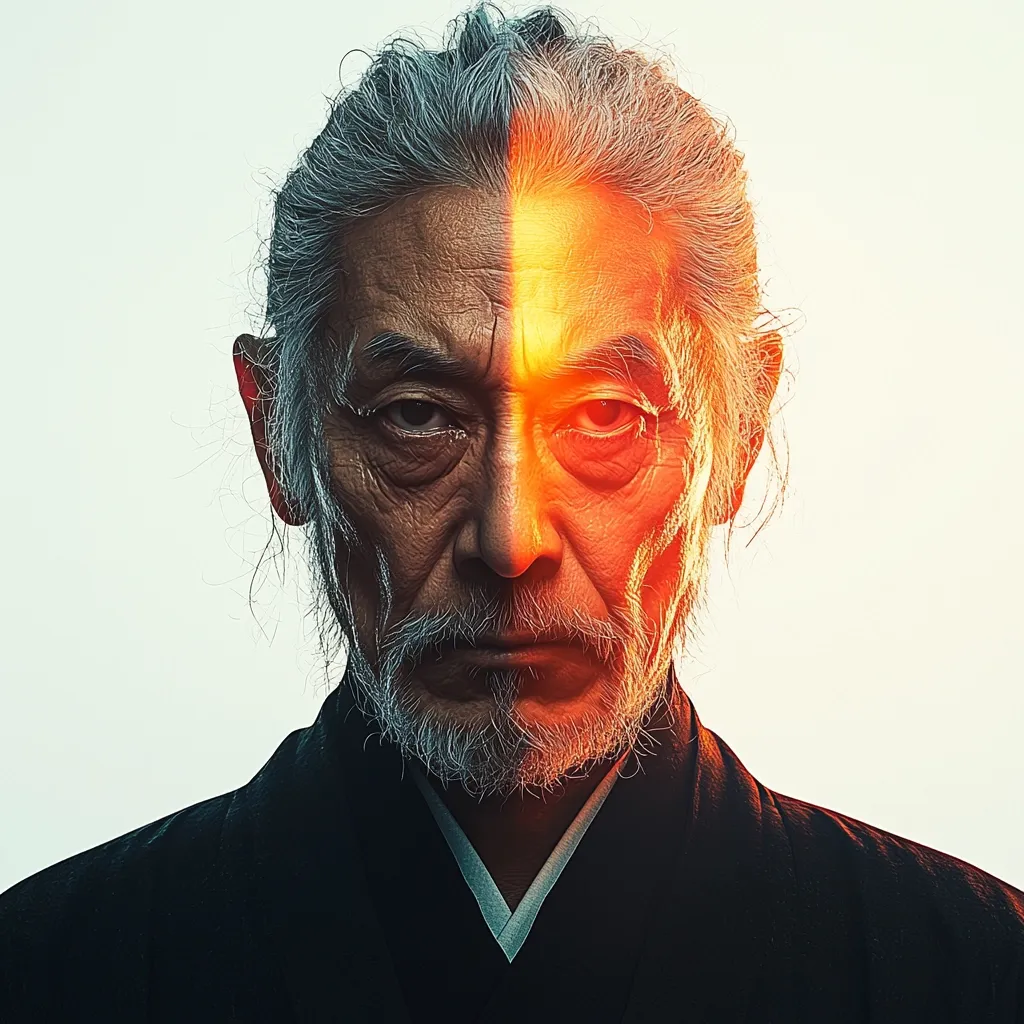 Here's a description of the image:

The close-up portrait showcases an elderly Asian man with long, gray hair tied in a topknot. His face is strikingly bisected; one half is rendered in natural tones, revealing wrinkles and the texture of age, while the other half is dramatically lit with fiery orange and red hues, creating a stark contrast.  He wears a dark, traditional-style robe. His expression is serious and intense, his gaze directly confronting the viewer. The image's overall effect is one of powerful duality, suggesting inner conflict or hidden strength.