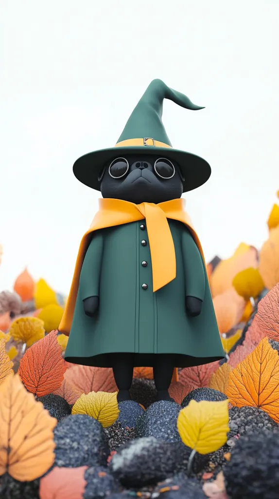 Here's a description of the image:

A charming 3D rendering depicts a pug dressed as a wizard.  The pug wears a dark green pointed hat, matching long coat, and a vibrant orange scarf.  Round, dark glasses add to its whimsical appearance.  The pug stands amidst a bed of dark stones strewn with autumnal leaves in shades of orange, red, and yellow, creating a visually appealing contrast between the character and the setting. The scene's overall aesthetic is cute and autumnal.
