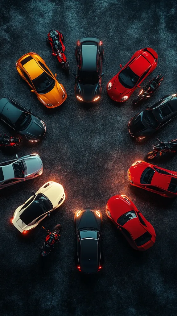 Here's a description of the image:

A high-angle, full shot depicts a circle of twelve sleek, modern sports cars, arranged around a central empty space on a dark, textured asphalt surface.  Interspersed between the cars are motorcycles, adding to the scene's powerful aesthetic. The cars are a variety of colors, including red, yellow, black, and white, and each is presented from an overhead view.  The overall composition suggests a meeting or gathering of high-performance vehicles. The dark background and lighting enhance the dramatic effect, emphasizing the curves and details of the vehicles.