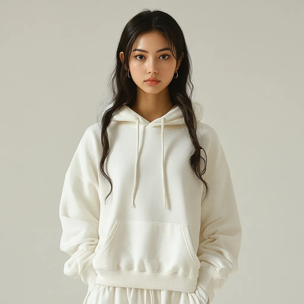 A young woman with long dark hair models a cream-colored hoodie.  The hoodie is oversized, with long sleeves and a kangaroo pocket. Her expression is serene and her gaze is directed forward.  The background is a simple, light beige, drawing focus to the model and her clothing. The overall aesthetic is minimalist and clean.